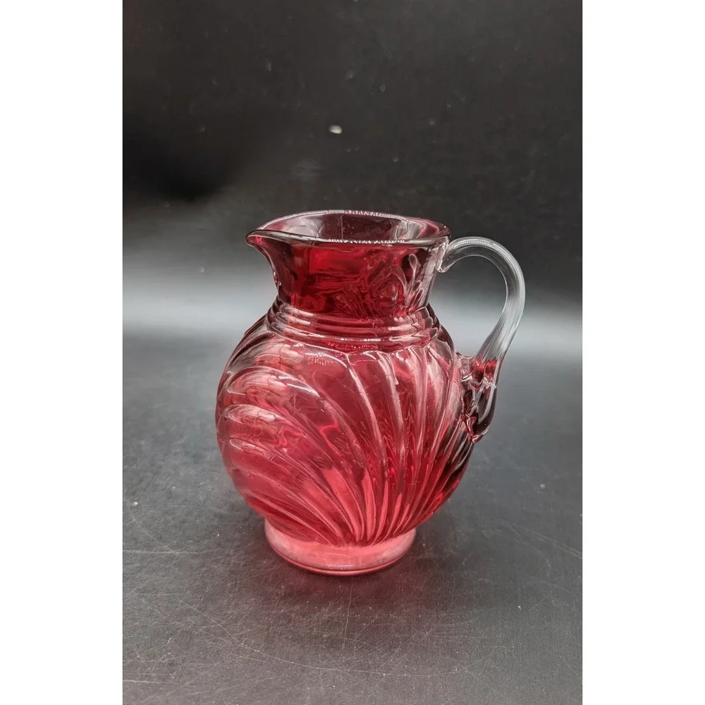 Vintage Fenton Cranberry Glass Swirl Optic Mini Pitcher Applied Handle Ruby Red